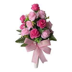 Pink Rose Memorial Arrangement in Cemetery Vase – Faux Flowers with Bow